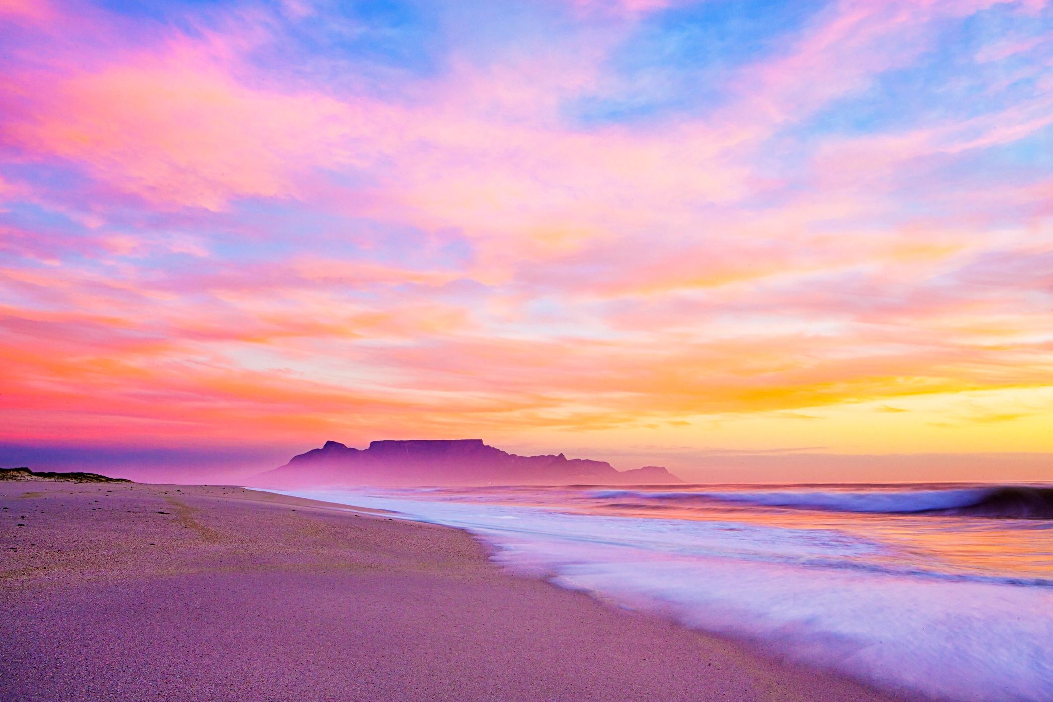 Table Mountain at dusk with soft waves