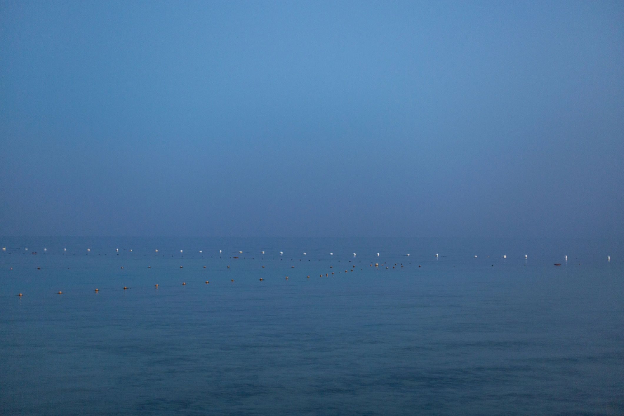 Calm ocean at dusk with buoys